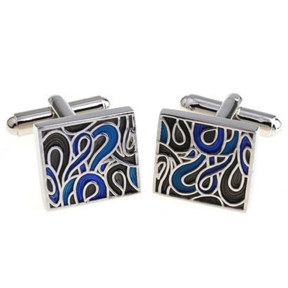Black Blue and Silver Abstract Swirls Cufflinks - Picture 2 of 13